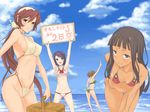  basket beach bikini black_hair brown_eyes brown_hair countdown dark_skin day highres holding holding_sign long_hair lu_afrarn mimoza_lorange multiple_girls ocean outdoors paffel ponytail purple_eyes purple_hair short_hair sign summon_night summon_night_2 swimsuit thigh_gap toris translated very_long_hair wantsupanchi!! water yellow_eyes 