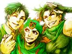  backlighting fingerless_gloves gloves green green_hair hachikoo_(astatine) hat johnny_joestar jojo_no_kimyou_na_bouken jonathan_joestar male_focus multiple_boys salute scarf steel_ball_run 