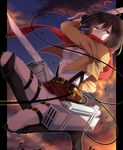  bad_id bad_pixiv_id belt dual_wielding holding jacket mikasa_ackerman paradis_military_uniform purple_eyes scarf shingeki_no_kyojin solo sword tayashigu_(suisyounohosizora) thigh_strap three-dimensional_maneuver_gear weapon 