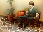  akei bad_id bad_pixiv_id bench black_eyes blurry book brown_hair casual command_spell depth_of_field fate/zero fate_(series) hand_in_pocket kotomine_kirei male_focus plant potted_plant reading shoes sitting sneakers solo sweater 