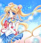  back_bow bishoujo_senshi_sailor_moon blonde_hair blue_background blue_eyes blue_sailor_collar blue_skirt bow brooch choker double_bun earrings expressionless gloves hair_ornament hairpin holding holding_wand jewelry long_hair lowres magical_girl moon_stick red_bow red_choker ribbon sailor_collar sailor_moon sailor_senshi_uniform shirataki_kaiseki skirt solo sparkle tsukino_usagi twintails wand white_gloves 