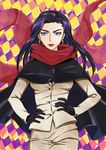  battle_tendency black_hair blue_eyes cape earrings etphonehome0622 gloves hands_on_hips highres jewelry jojo_no_kimyou_na_bouken lipstick lisa_lisa long_hair makeup scarf solo 