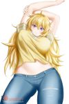  1girl ahoge alfred_cullado blonde_hair blush breasts denim gluteal_fold hair_between_eyes highres jeans large_breasts long_hair looking_at_viewer midriff pants patreon_logo purple_eyes rwby shirt solo stretch watermark web_address white_background yang_xiao_long yellow_shirt 