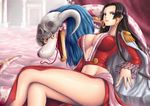  amazon black_hair blue_eyes boa_hancock breasts cape center_opening cleavage crossed_legs earrings epaulettes fangs highres horns jewelry large_breasts legs long_hair long_legs long_sleeves midriff one_piece salome_(one_piece) sash side_slit sitting skull snake snake_earrings thighs tongue very_long_hair yellow_sclera yumiyokiak 