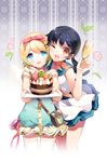  :d ;d aqua_eyes arm_around_shoulder black_hair blonde_hair blush bow cake choker cup dress drinking_glass flower food game_starter gilse glass hair_bow hug layered_dress leaf low_twintails multiple_girls one_eye_closed open_mouth orange_eyes outstretched_arms pouch ribbon ribbon_choker rico_(sword_girls) sailor_collar short_hair shoshinsha_mark smile sword_girls thighhighs tray twintails white_legwear wine_glass zettai_ryouiki 