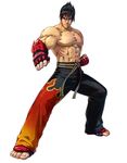  abs belt black_hair brown_eyes elbow_gloves fighting_stance fingerless_gloves flame_print gloves kazama_jin male_focus muscle official_art project_x_zone shirtless solo spiked_hair tekken toeless_legwear 