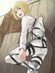  armin_arlert belt blonde_hair blue_eyes bodysuit dressing indesign male_focus shingeki_no_kyojin solo three-dimensional_maneuver_gear 