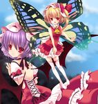  adapted_costume alternate_costume alternate_wings ascot backless_dress backless_outfit bat_wings blonde_hair bow butterfly_wings dress fang flandre_scarlet hair_bow hat ichiru_(yuzu-an) multicolored multicolored_wings multiple_girls open_mouth purple_hair red_eyes remilia_scarlet short_hair siblings side_ponytail sisters sleeveless sleeveless_dress thighhighs touhou white_legwear wings wrist_cuffs 