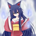  ahri animal_ears facial_mark fox_ears fox_tail japanese_clothes kimono league_of_legends long_hair looking_at_viewer neko_baby solo tail whisker_markings yellow_eyes 