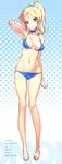  absurdres arm_up armpits ayase_eli bare_legs bare_shoulders bikini blonde_hair blue_bikini blue_eyes breasts choker cleavage gloves halftone halftone_background highres legs long_hair long_legs love_live! love_live!_school_idol_project medium_breasts navel ooyari_ashito parted_lips ponytail sandals scan skindentation solo stats string_bikini swimsuit thighs white_gloves 