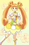  bad_id bad_pixiv_id boots bow choker cure_rosetta dokidoki!_precure double_bun earrings flower green_choker hair_flower hair_ornament hair_ribbon heart jewelry knee_boots long_hair magical_girl mikecha orange_background orange_eyes orange_hair precure ribbon skirt solo sparkle twintails wrist_cuffs yotsuba_alice 