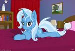  bcrich40 bed blue_fur book chest curtains cutie_mark equine female feral flower friendship_is_magic fur hair hi_res horn horse inside looking_at_viewer lying mammal messy_hair my_little_pony pillow pony purple_eyes shelf smile solo trixie_(mlp) two_tone_hair unicorn vase 