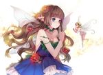  blonde_hair blue_eyes breasts brown_hair butterfly_wings cleavage dress fairy finger_to_mouth flower hair_flower hair_ornament highres hime_cut long_hair medium_breasts minigirl multiple_girls original pointy_ears sheska_xue short_hair size_difference wings 