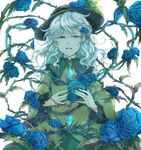  blue_flower blue_rose blush eyeball flower green_eyes hat hat_ribbon heart komeiji_koishi manasseh open_mouth plant ribbon rose short_hair silver_hair skirt solo tears third_eye thorns touhou vines wide_sleeves 