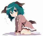  animal_ears ayu_(iyokanya) bad_id bad_pixiv_id blush condom condom_in_mouth dress green_eyes green_hair kasodani_kyouko looking_at_viewer mouth_hold short_hair sitting socks solo tail touhou wariza 