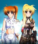  album_cover alternate_costume belt blonde_hair blush breasts brown_hair buckle cleavage cloud collar cover diesel-turbo elbow_gloves fate_testarossa fingerless_gloves gloves jewelry long_hair lyrical_nanoha mahou_shoujo_lyrical_nanoha_strikers md5_mismatch medium_breasts midriff mizuki_nana multiple_girls navel necklace pants ponytail purple_eyes red_eyes seiyuu_connection side_ponytail sky smile t.m.revolution takamachi_nanoha very_long_hair white_breath_(t.m.revolution) 