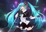  aqua_eyes aqua_hair bad_id bad_pixiv_id frills gloves hat hatsune_miku inuro_neko_(kuro-nyan) long_hair microphone microphone_stand mini_hat mini_top_hat music open_mouth singing skirt solo stage thighhighs top_hat twintails very_long_hair vocaloid 