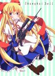  blonde_hair blue_eyes frills gun hair_ribbon highres long_hair ribbon rifle shanghai_doll sniper_rifle solo touhou very_long_hair weapon yucchan_(drizzle_star) 