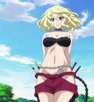  blonde_hair bra breasts chain cloud day from_below hakama_pants highres large_breasts looking_down medallion midriff mitsuki_(mushibugyou) mushibugyou no_panties non-web_source red_eyes screencap sky solo stitched third-party_edit tree underwear wavy_hair 