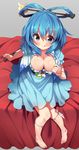  :p barefoot bed belt blue_dress blue_eyes blue_hair blush breasts cleavage dress flower hair_ornament hair_rings hair_stick heart highres kaku_seiga knife large_breasts leg_ribbon licking_lips looking_at_viewer ribbon sitting smile solo spell_card suggestive_fluid takashiru tongue tongue_out touhou vest 