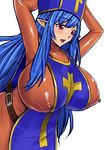  1girl arms_up belt blue_hair bodysuit breasts chunsoft covered_nipples dragon_quest dragon_quest_iii enix erect_nipples female hat huge_breasts latex latex_suit leotard long_hair mesiuma_joutai nipples pointy_ears priest_(dq3) red_eyes simple_background solo standing tabard white_background 