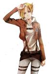  annie_leonhardt blonde_hair cropped_jacket emblem folded_ponytail jacket kenao military_police_brigade_(emblem) paradis_military_uniform shingeki_no_kyojin short_hair solo white_background 