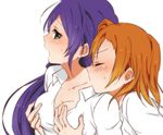  blush breast_grab breasts brown_hair dress_shirt grabbing green_eyes highres kousaka_honoka long_hair looking_back love_live! love_live!_school_idol_project medium_breasts multiple_girls open_mouth purple_hair shirt short_hair sorimachi-doufu sweat toujou_nozomi yuri 