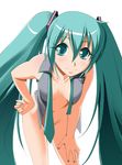  bottomless censored commentary_request convenient_censoring green_eyes green_hair hand_on_hip hatsune_miku hayashi_custom leaning_forward long_hair open_clothes open_shirt shirt simple_background smile solo twintails very_long_hair vocaloid white_background 