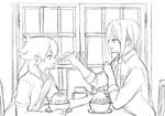  afuro_terumi greyscale inazuma_eleven_(series) inazuma_eleven_go kishibe_taiga long_hair lowres male_focus monochrome multiple_boys necktie open_mouth sitting sketch spoon tokio_neo white_background work_in_progress 