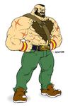  abs beard belt belt_buckle buckle chest_hair concept_art cosplay facial_hair final_fight hands_on_hips male_focus manly mike_haggar mohawk muscle official_art pants scar shirtless solo street_fighter street_fighter_iv_(series) suspenders wristband zangief 