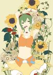  bad_id bad_pixiv_id baton_(instrument) belt bourbone crop_top daisy flower goggles goggles_on_head green_eyes green_hair gumi headphones headset highres midriff navel open_mouth plant short_hair skirt sunflower vines vocaloid wrist_cuffs 