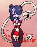  1girl bare_shoulders blue_skin detached_collar detached_sleeves english eyes_closed hair_over_one_eye jonathan_kim leviathan_(skullgirls) long_hair official_art purple_hair red_eyes side_ponytail skull skullgirls smile solo squigly_(skullgirls) standing stitched_mouth striped striped_sleeves zombie 