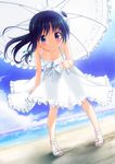  beach blue_eyes blue_hair day dress feet full_body hair_ribbon long_hair original outdoors parasol ribbon sakura_(k_tonpu) sandals side_ponytail sky smile solo sundress toes umbrella water 