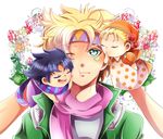  2boys aouta_tomato bad_id bad_pixiv_id bandana black_hair blonde_hair caesar_anthonio_zeppeli cheek-to-cheek facial_mark fingerless_gloves gloves green_eyes green_jacket hand_puppet headband jacket jojo_no_kimyou_na_bouken joseph_joestar_(young) multiple_boys one_eye_closed puppet scarf suzi_q 