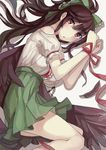  bdsm black_hair black_wings blush bondage bound bound_wrists bow breasts feathers hair_bow large_breasts long_hair looking_at_viewer red_eyes reiuji_utsuho ribbon skirt solo touhou walzrj wings 