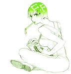  bad_id bad_pixiv_id breasts crossed_legs drink drinking drinking_straw foo_fighters ganjang green_hair jojo_no_kimyou_na_bouken large_breasts monochrome overalls short_hair sitting solo 