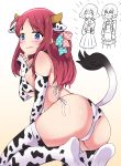  ahoge animal_costume animal_ears animal_print bell bikini_bottom bikini_top blue_eyes blush bottle bow breasts commentary_request cow_costume cow_ears cow_girl cow_horns cow_print cow_tail fake_animal_ears fake_tail fingerless_gloves gloves hair_bow highres holding holding_bottle horns jewelry kneeling konno_junko large_breasts long_hair milk_bottle minamoto_sakura mizuno_ai multiple_girls piyopiyo_(piroman) polka_dot red_hair ring sideboob solo_focus tail thighhighs zombie_land_saga 