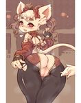  1girl 7010 ass blush brown_hair detached_sleeves dofus ecaflip eyebrows fingerless_gloves from_behind furry gloves huge_ass looking_back pussy red_eyes saliva solo thick_thighs thighs tongue torn_clothes twintails uncensored wide_hips zipper 