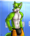  abs anthro biceps big_muscles black_nose boxers bulge canine chest_tuft ear_piercing fox fur green_eyes green_fur green_hair grin hair locker_room male mammal muscles pecs piercing pose smile solo standing topless tuft underwear vallhund white_fur yoogain 