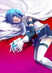  armband blue_eyes blue_hair cape gloves highres lying magical_girl mahou_shoujo_madoka_magica makoto1009 miki_sayaka on_side short_hair solo soul_gem tears thighhighs zettai_ryouiki 