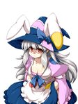  animal_ears apron breasts bunny_ears cleavage hat irisu_kyouko irisu_shoukougun! large_breasts long_hair looking_at_viewer red_eyes silver_hair simple_background solo tajima_yuuki white_background witch_hat 