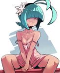  antenna_hair aqua_hair bare_legs borrowed_character breasts cleavage flower hair_flower hair_ornament hair_over_eyes hairband highres lingerie nagi_(naso4) negligee nightgown off_shoulder original purple_eyes sho-n-d short_hair sitting small_breasts smile solo strap_slip underwear v_arms 