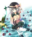  absurdres blush boots caustics chain eyeball flower green_eyes green_hair hat hat_ribbon heart heart_of_string highres kamioto_musu komeiji_koishi red_flower red_rose ribbon rose short_hair silver_hair sitting skirt smile solo thighhighs third_eye touhou water white_legwear wide_sleeves 