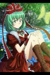  boots bow breasts bug butterfly cleavage dress front_ponytail green_eyes green_hair hair_bow hair_ribbon hands_on_own_knees highres insect kagiyama_hina letterboxed medium_breasts ribbon river rock sitting smile solo touhou wrist_ribbon wrwr 