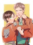  bad_id bad_pixiv_id black_hair brown_hair cheek_pull emblem eren_yeager green_eyes jacket jean_kirchstein kwmraaua male_focus multiple_boys paradis_military_uniform shingeki_no_kyojin sweatdrop training_corps_(emblem) 