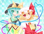  blue_eyes flandre_scarlet green_eyes green_hair hat hat_ribbon komeiji_koishi multiple_girls red_eyes ribbon short_hair side_ponytail third_eye touhou white_water wings 