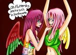  cupcakes_(mlp_fanfic) dialog english_text evil_grin female fluttershy_(mlp) friendship_is_magic happy human humanized mammal manhunterj my_little_pony pinkamena_(mlp) pinkie_pie_(mlp) scared smile text wings 