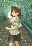  bag bench brown_eyes brown_hair casual clover dappled_sunlight four-leaf_clover handbag hat looking_back original short_hair skirt solo sunlight tree_shade unya_(unya-unya) 