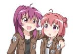  :d ahoge akaza_akari christa_renz cosplay emblem fujita_saki hair_bun jacket long_hair mikami_shiori mohya multiple_girls open_mouth paradis_military_uniform ponytail purple_eyes purple_hair red_hair seiyuu_connection shingeki_no_kyojin short_hair smile sugiura_ayano tears v-shaped_eyebrows ymir_(shingeki_no_kyojin) yuru_yuri 