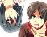  1girl black_eyes black_hair blue_eyes brown_hair eren_yeager mikasa_ackerman sea-ss5578 shingeki_no_kyojin upside-down younger 